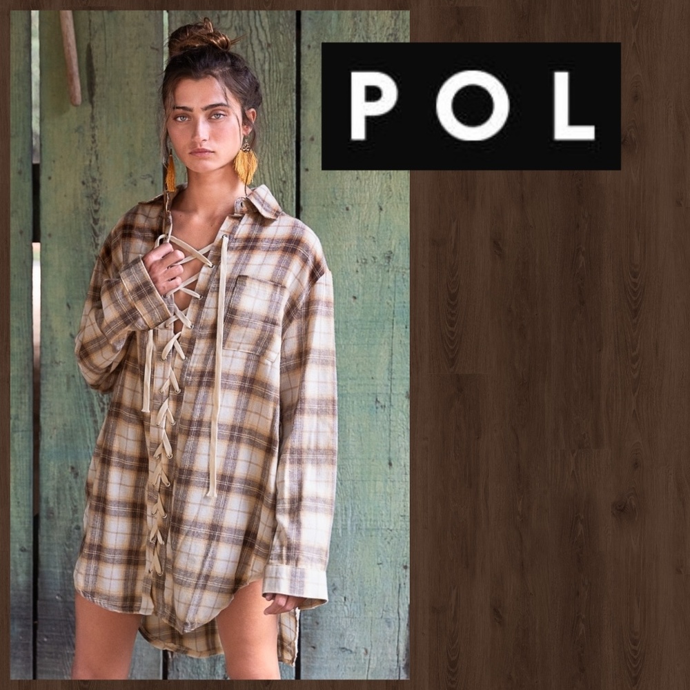 POL Soft Lux Cotton Plaid Shirt Dress Long Sleeve, Sexy Lace Front, Side Slits